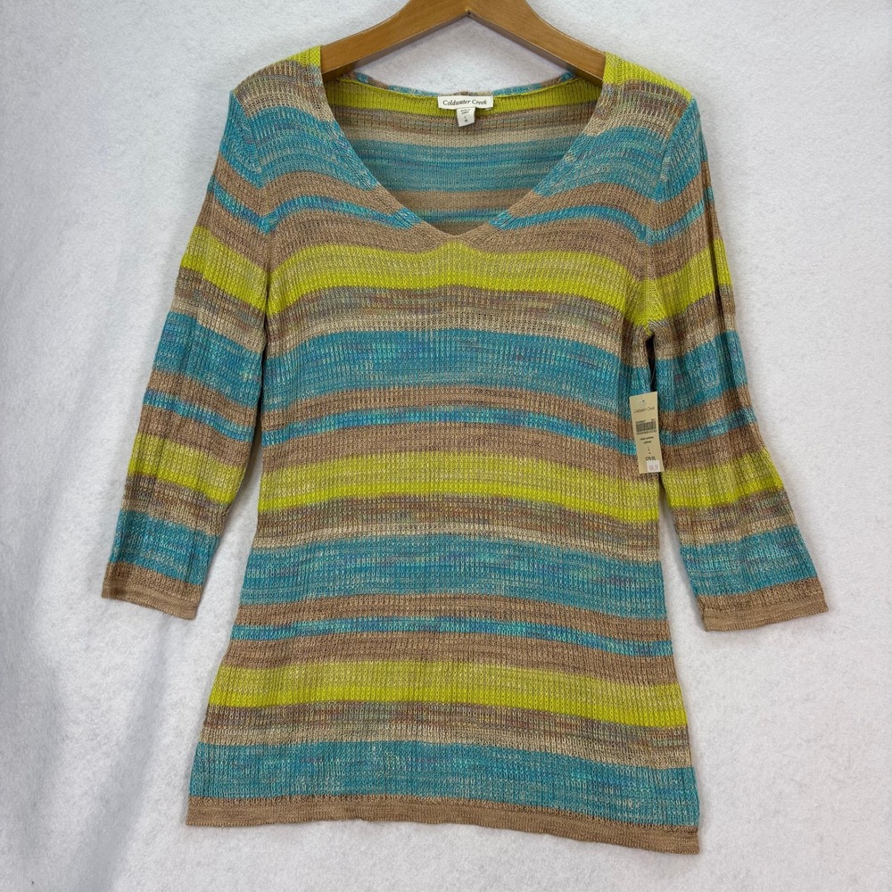 NWT Coldwater Creek Women's L Colorful Stripe V Neck Long Sleeve Knit Top Y2K